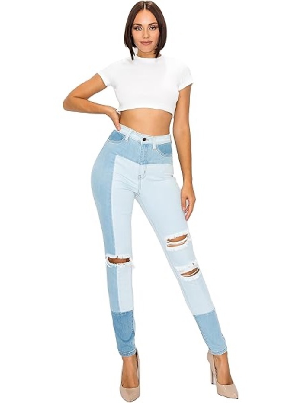 NWT Aphrodite High-Waisted Distressed Color Block Skinny Jeans Sz 7 💙✨